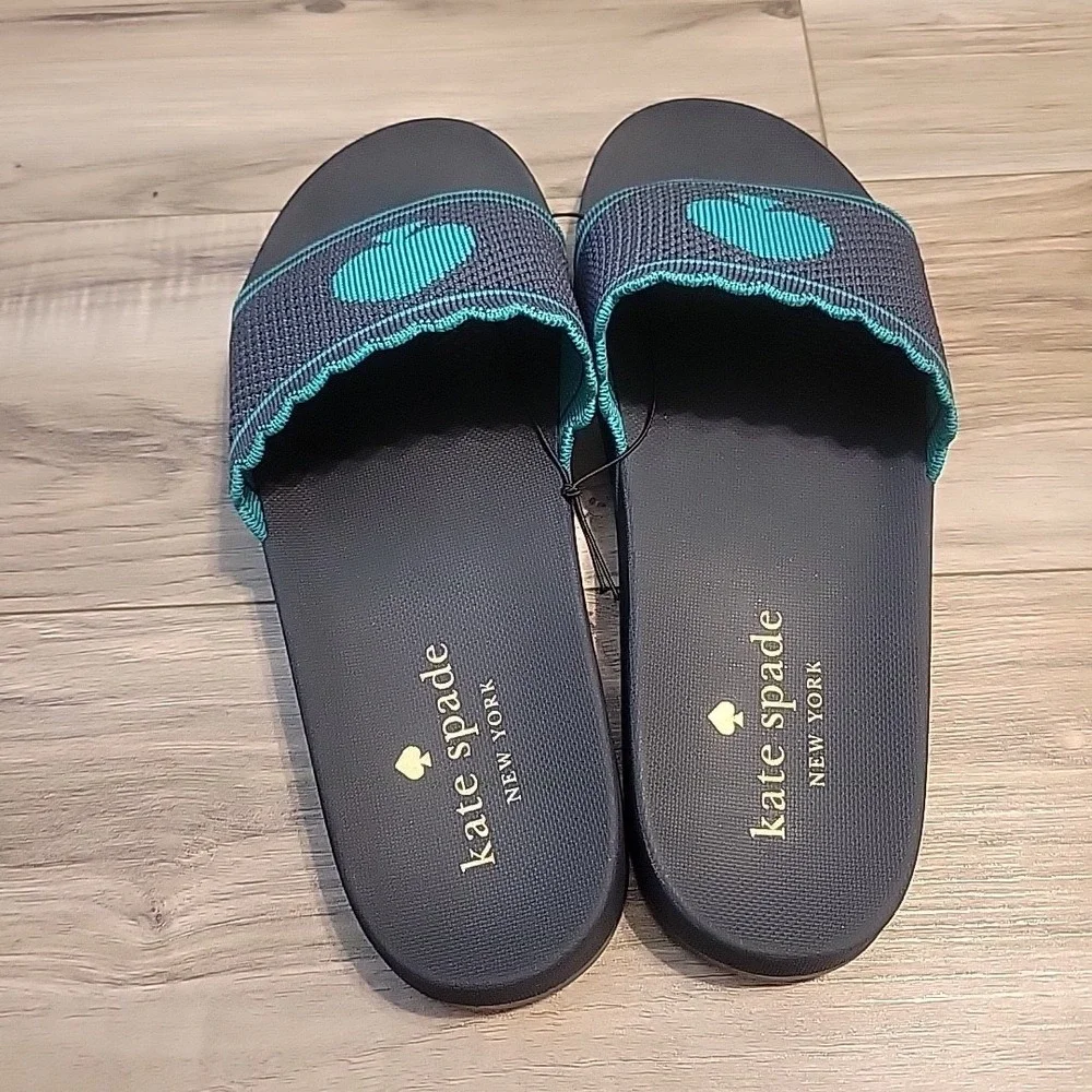 Kate Spade La Jolla Pool Slide Sandals Blue Green Spade Logo Open Toe 11B NEW‎